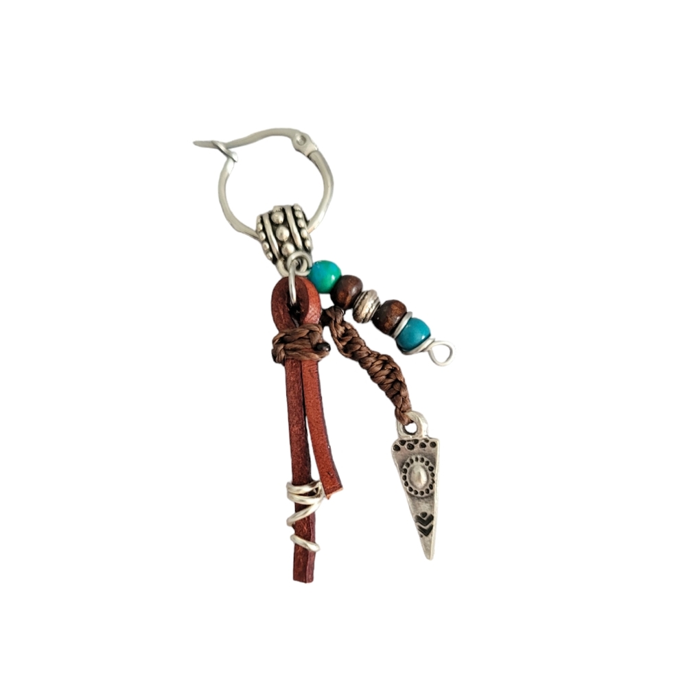 😁Mens Stainless Steel Hoop Earring, Dangle wood,tribal triangle, leather